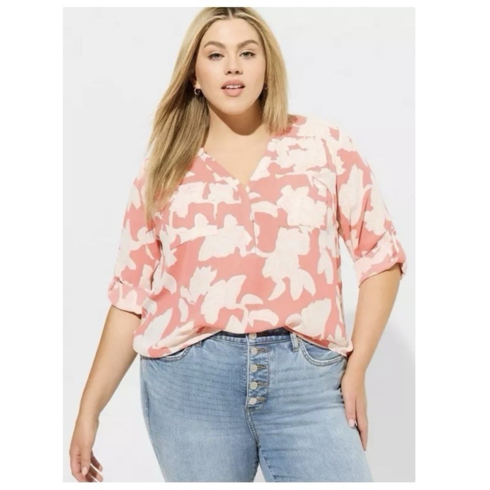 Torrid Harper Peach‎ Floral Georgette 3/4 Sleeve Pullover Blouse Size 6X